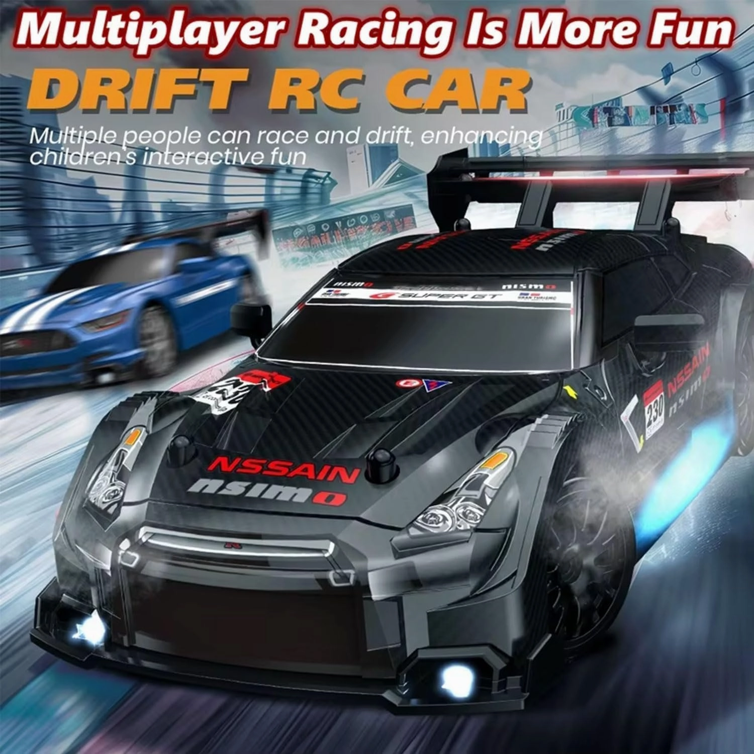 1:24 Scale RC Drift Car 4WD 2.4GHz 30KM/H High Speed Racing Sport Toy Car with LED Lights, Racing and Drift Wheels (8607-Black)