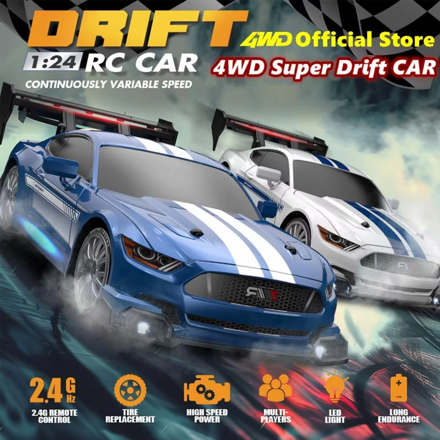 1:24 Scale RC Drift Car 4WD 2.4GHz 30KM/H High Speed Racing Sport Toy Car with LED Lights, Racing and Drift Wheels (8607-Black)