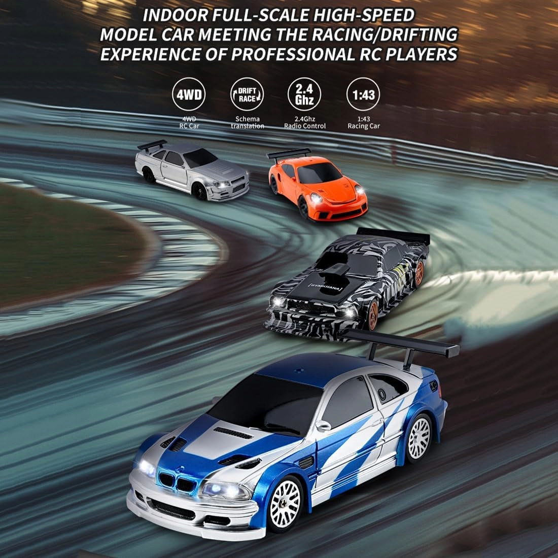 1/43 RC Drift Car for Adults, 2.4G Mini Remote Control Racing Car, 4WD Electric Model With Lights - High Speed RTR Vehicle, Type 4