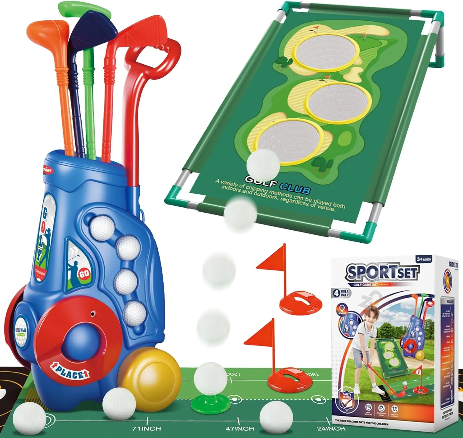 2 in 1 Golf Club Play Set for Kids, Toddler Golf Set with Golf Board, 4 Golf Balls, 4 Golf Clubs, Storage Bin, Indoor Outdoor Golf Toys Toddlers, Birthday Gifts for Boys Girls 3  Years Old