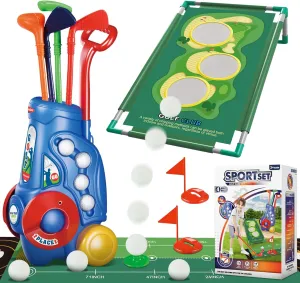 2 in 1 Golf Club Play Set for Kids, Toddler Golf Set with Golf Board, 4 Golf Balls, 4 Golf Clubs, Storage Bin, Indoor Outdoor Golf Toys Toddlers, Birthday Gifts for Boys Girls 3  Years Old