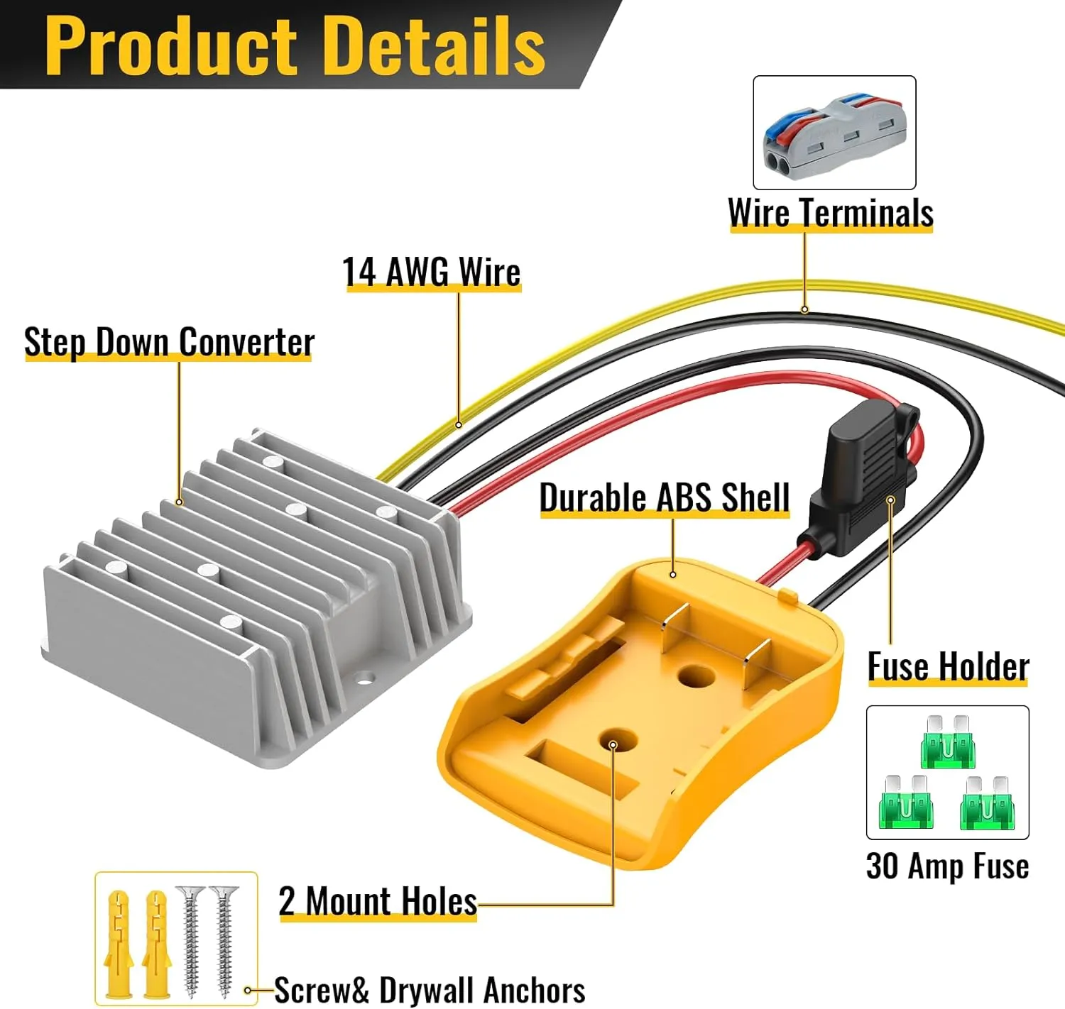2 Pack 20V to 12V Step Down Converter Compatible with DeWalt 20V Power Wheel Battery Adapter, DC 12V 20A 240W Buck Converter Regulator 30A Fuse & Wire Terminal