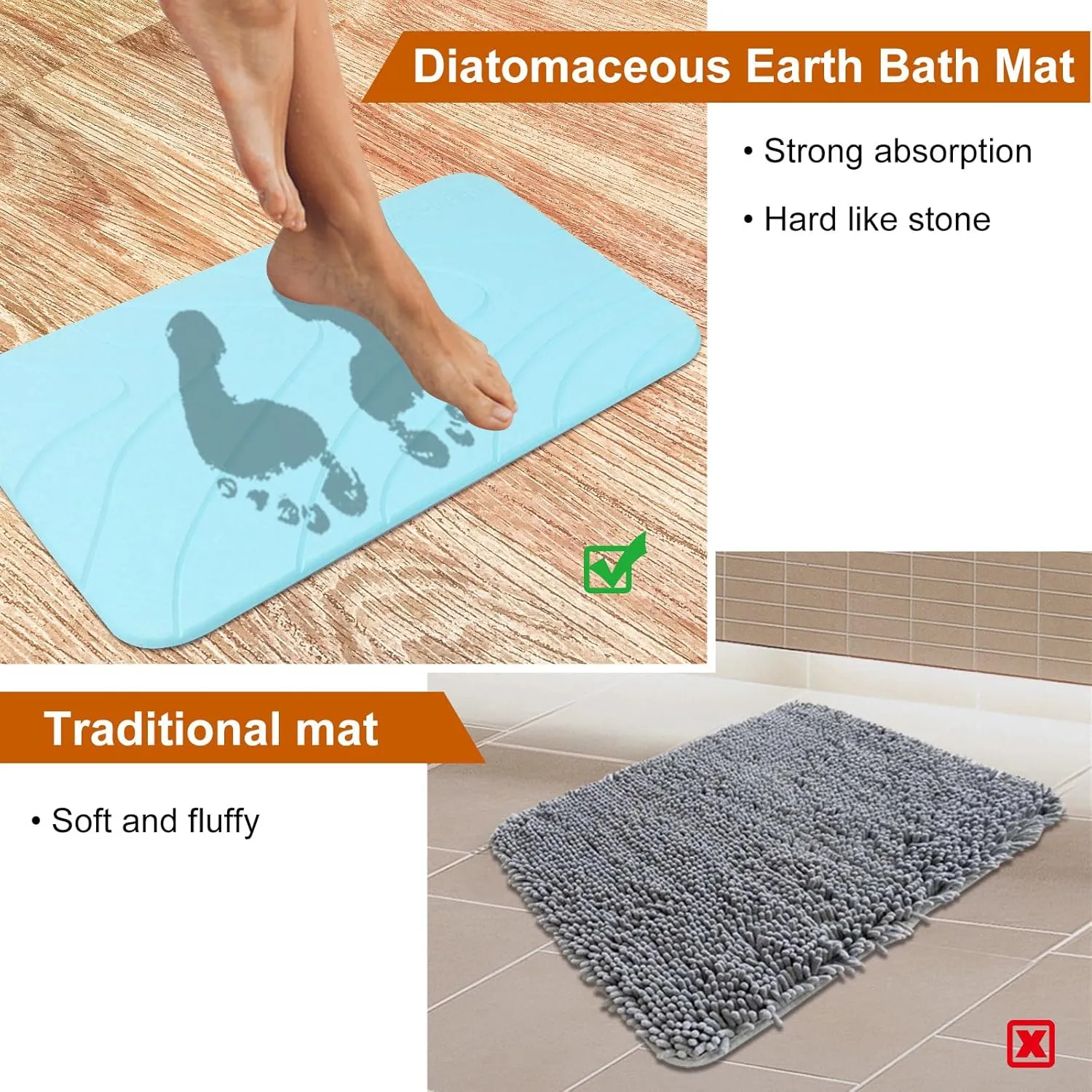 2 Pack Diatomaceous Earth Shower Mat, Stone Bath Mat, Nonslip Super Absorbent Fast-Drying Hard Bath Mat for Bathroom Shower Floor, 23.62 x 15.35 inch, Blue-Green