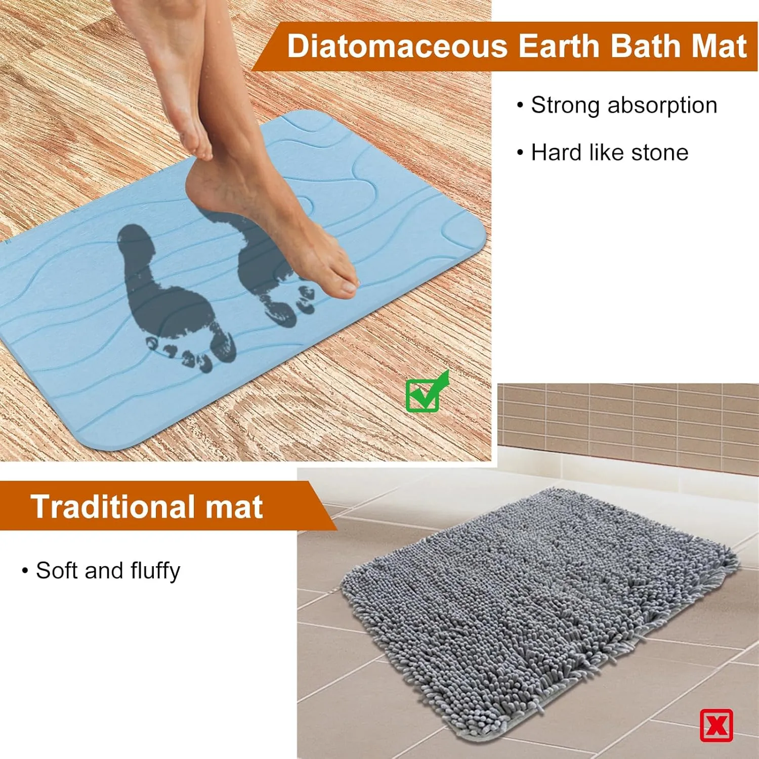 2 Pack Diatomaceous Earth Shower Mat, Stone Bath Mat, Nonslip Super Absorbent Fast-Drying Hard Bath Mat for Bathroom Shower Floor, 23.62 x 15.35 inch, Bule Pattern