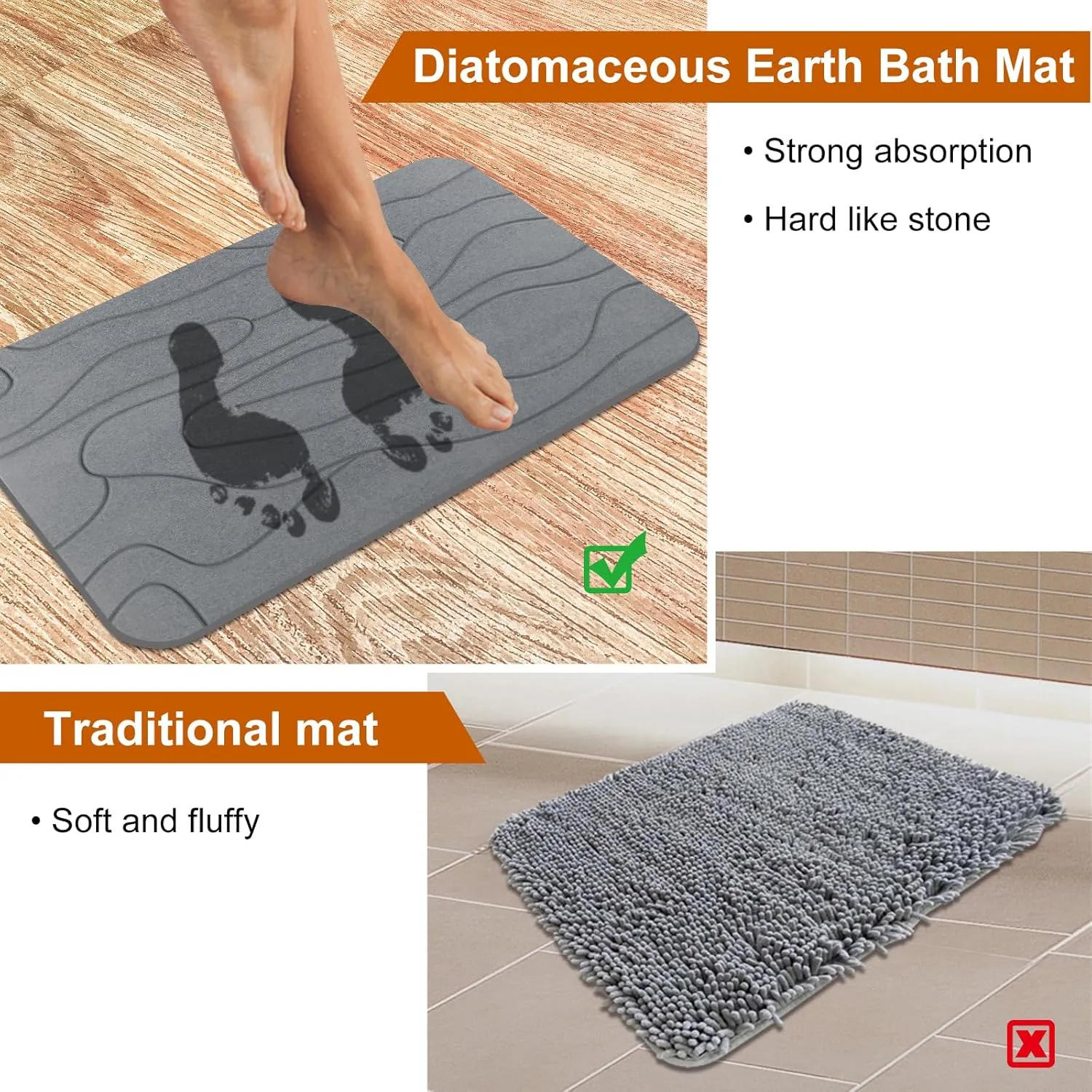 2 Pack Diatomaceous Earth Shower Mat, Stone Bath Mat, Nonslip Super Absorbent Fast-Drying Hard Bath Mat for Bathroom Shower Floor, 23.62 x 15.35 inch, Grey Pattern