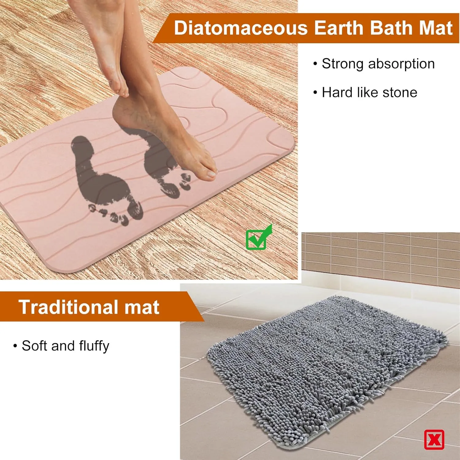 2 Pack Diatomaceous Earth Shower Mat, Stone Bath Mat, Nonslip Super Absorbent Fast-Drying Hard Bath Mat for Bathroom Shower Floor, 23.62 x 15.35 inch, Pink Pattern