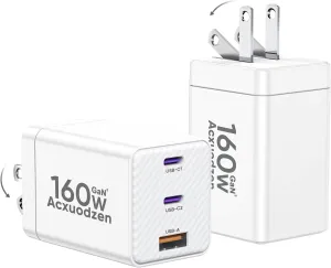 [2 Pack] USB C Charger Block 160W, 3-Port GaN Super Fast Charger, Dual 65W Type C Charging Block, Foldable QC3.0 Laptop Fast Charging for MacBook, iPhone, Samsung, Galaxy, iPad, Android, White