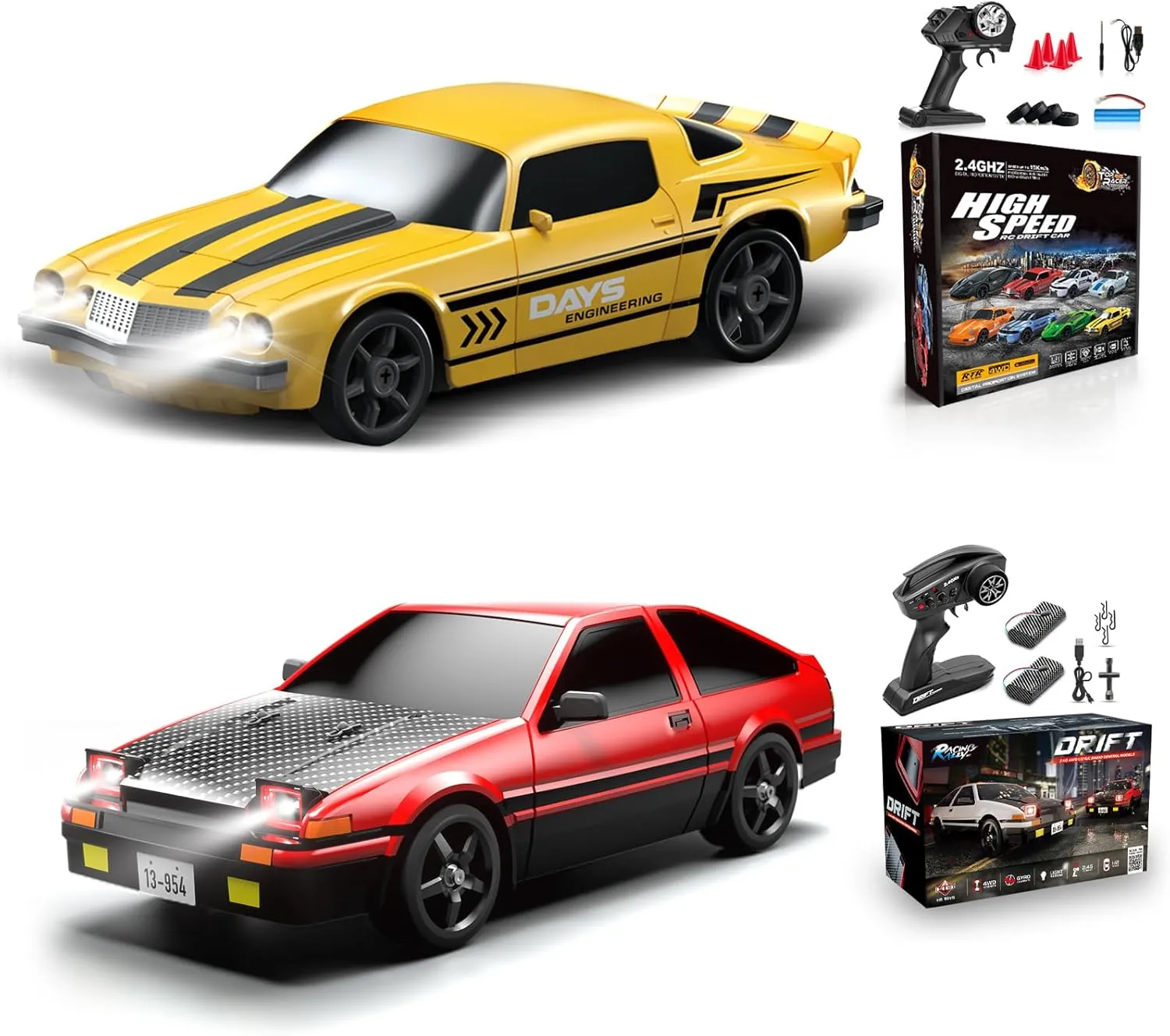 2 PCS RC Drift Car, RC Drift Car 1:24 Remote Control Car 4WD 15KM/H Remote Control Car and 1:12 Fast RC Car 2.4GHz 35KM/H High Speed Performance with Gyro Racing Car Gift for Adults Kids Boys Girls