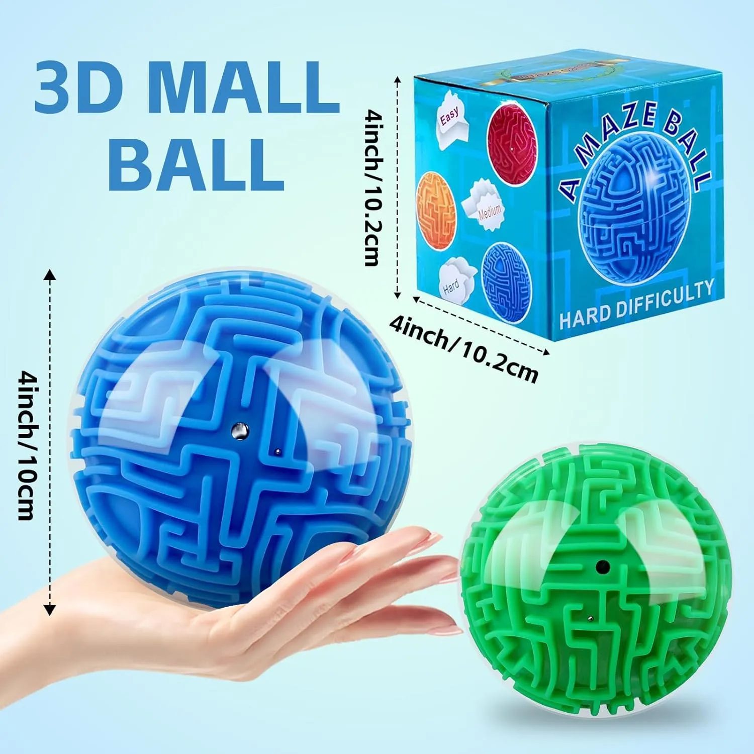 2 Pieces 4 Inch Maze Ball 3D Gravity Cube Memory Sequential Ball Maze Puzzle Toy Gifts for Kids Teens Adults Carnival, Educational Challenges Brain Teasers Puzzle Game (2pcs Blue Green)