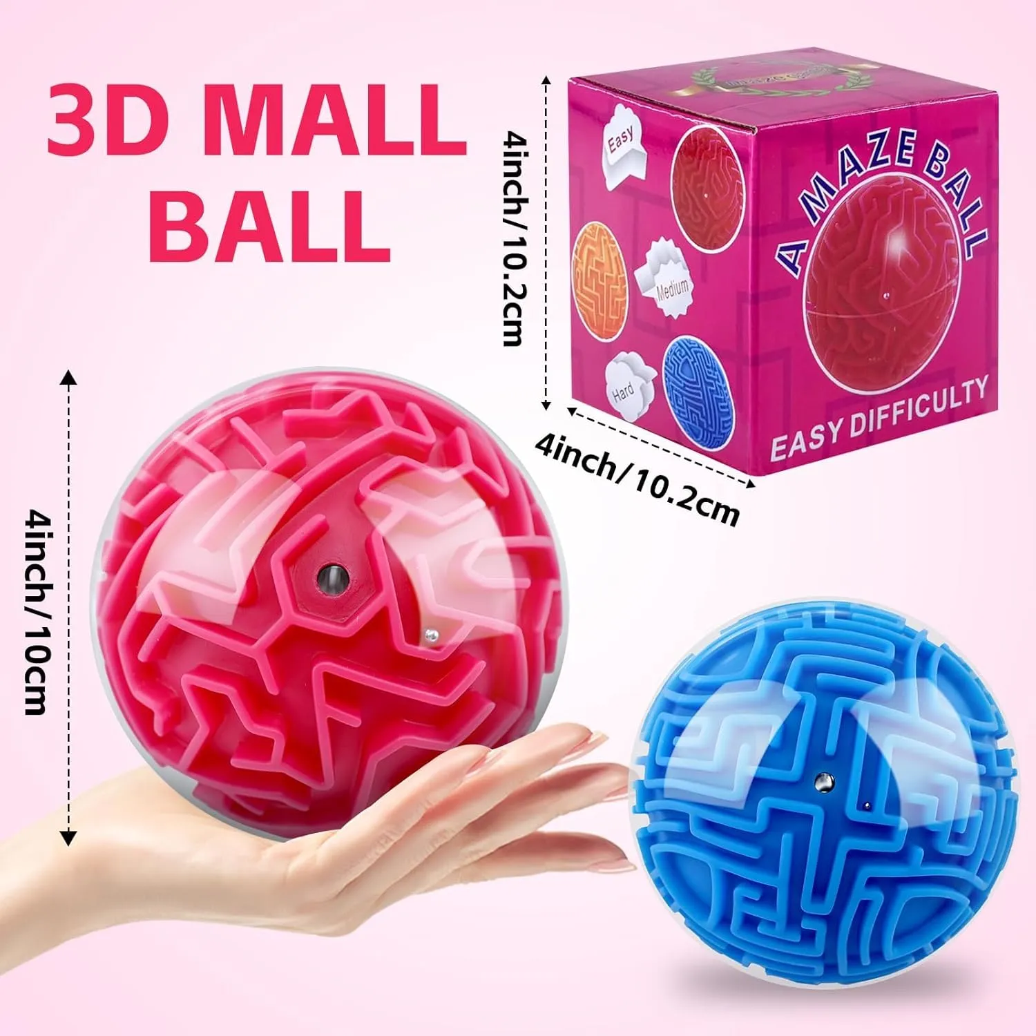 2 Pieces 4 Inch Maze Ball 3D Gravity Cube Memory Sequential Ball Maze Puzzle Toy Gifts for Kids Teens Adults Carnival, Educational Challenges Brain Teasers Puzzle Game(2pcs Blue Red)