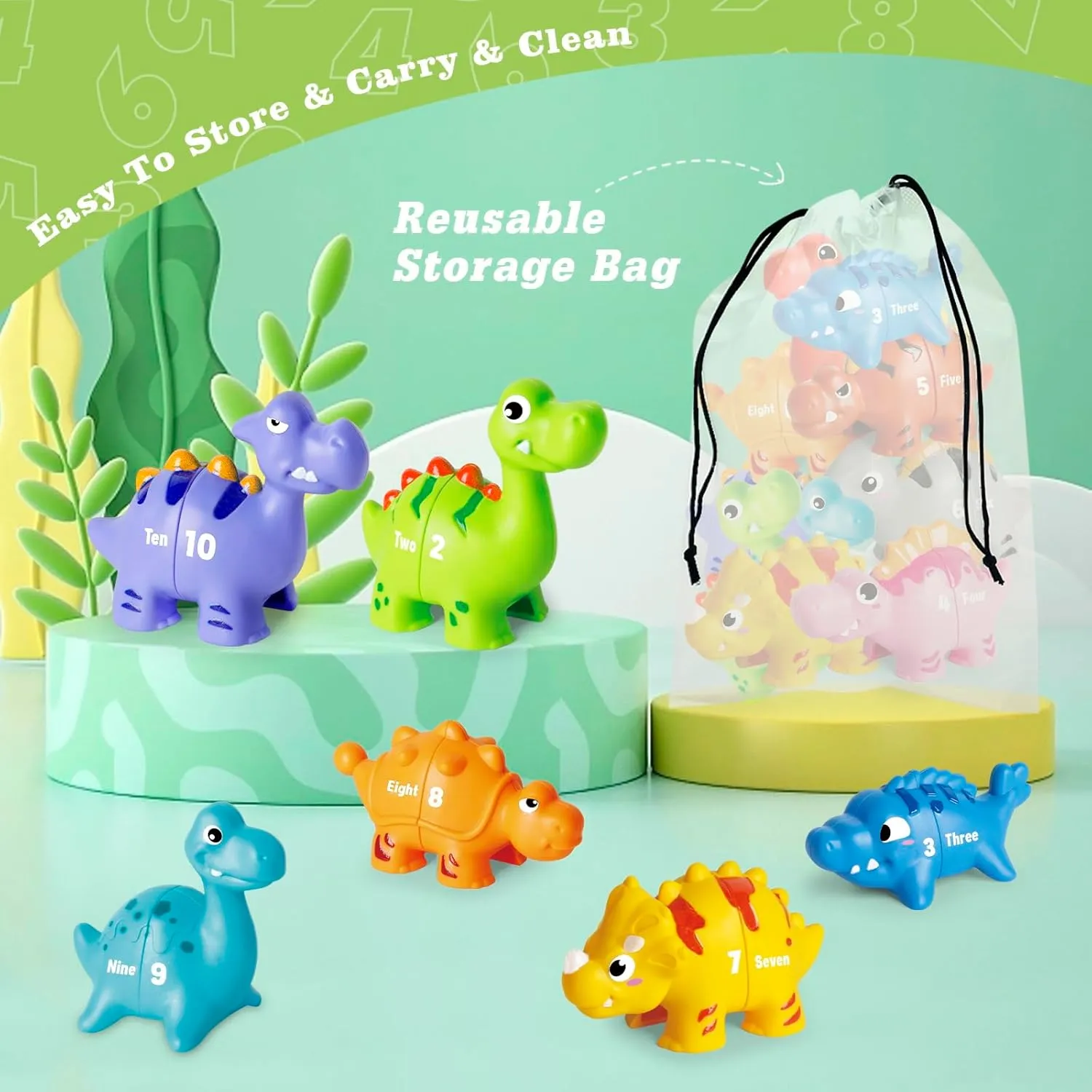 20 PCS Dinosaur Number Learning Toys for Toddlers 2-4, 10 Different Dinosaur Figures, Double Sided Number Matching Game, Preschool Activities Montessori Fine Motor Toys for Toddlers Kids