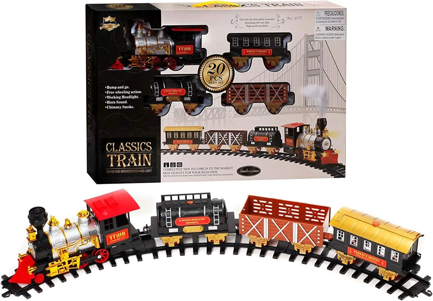 20 PCS Train Set Kids Railway Locomotive Steam Engine Toy Smoke, Light, Sound, Train and Carriage Play Set