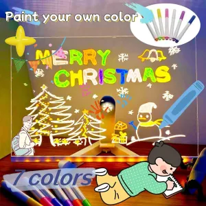 2025new LED Color Note Board Luminous Acrylic Message Board Dry Erase Board with Adjustable Bracket 7-Color Pen LED Illuminated Drawing Board Suitable for Office School Home Christmas (7.8 * 7.8in)