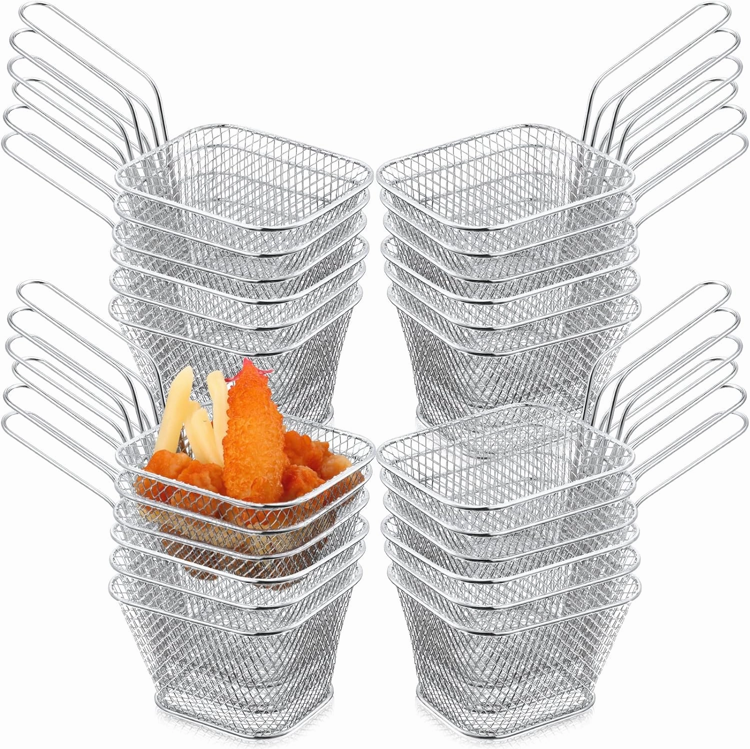 24 Pcs Mini Square Fry Basket Stainless Steel French Fries Holder Deep Fryer Baskets Only Square Mesh Food Holder with Handles Small Serving Basket for Kitchen Restaurant Cafe Barbecue(Sliver)