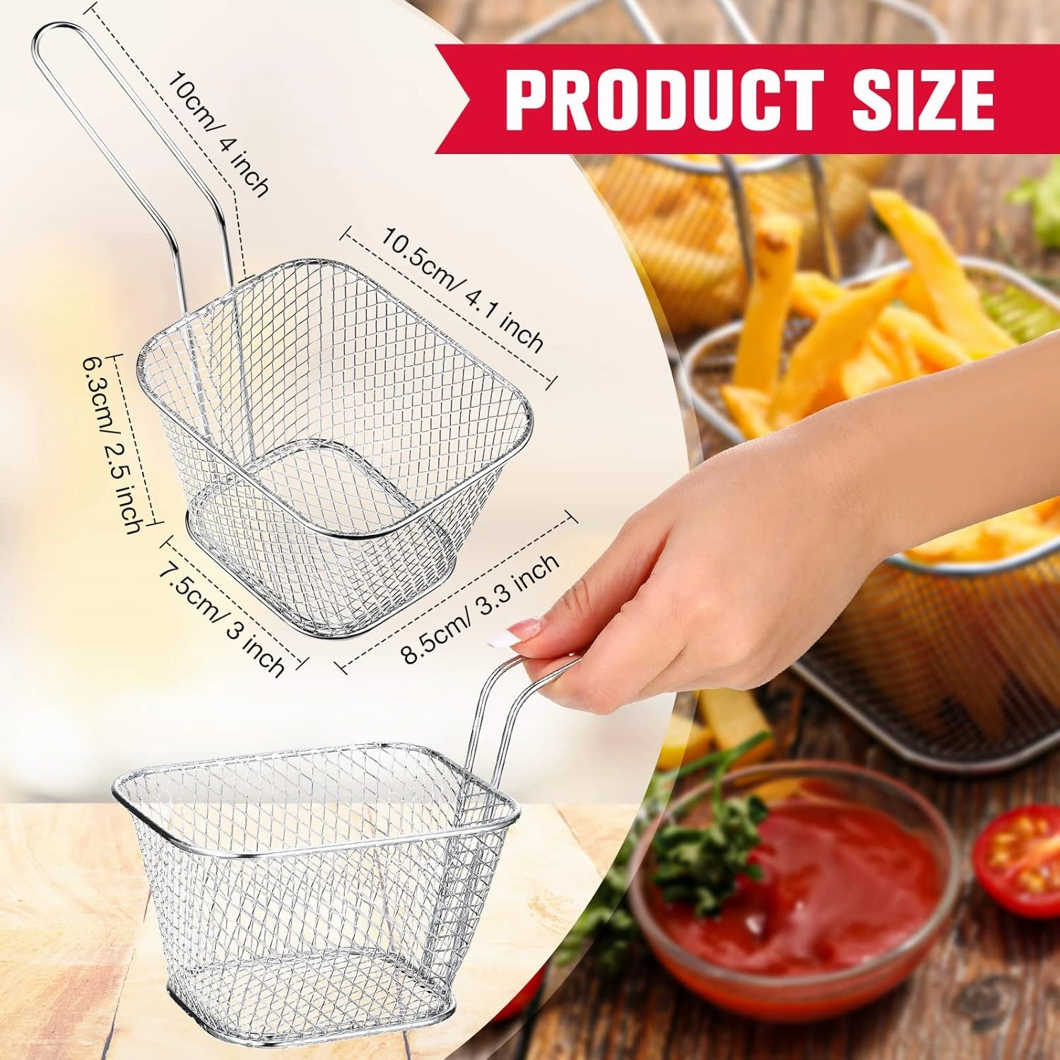 24 Pcs Mini Square Fry Basket Stainless Steel French Fries Holder Deep Fryer Baskets Only Square Mesh Food Holder with Handles Small Serving Basket for Kitchen Restaurant Cafe Barbecue(Sliver)