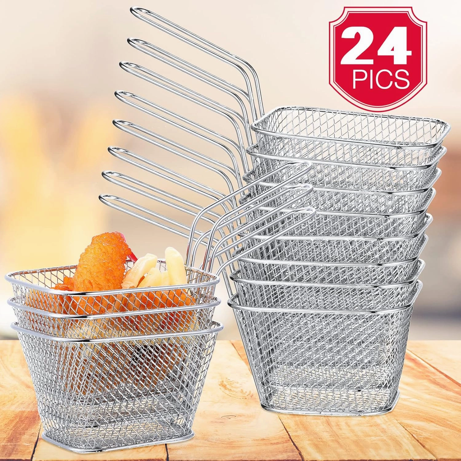 24 Pcs Mini Square Fry Basket Stainless Steel French Fries Holder Deep Fryer Baskets Only Square Mesh Food Holder with Handles Small Serving Basket for Kitchen Restaurant Cafe Barbecue(Sliver)
