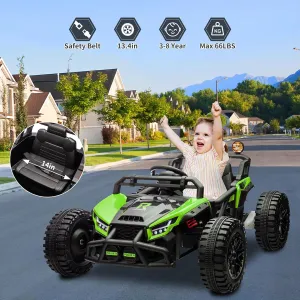 24V Kids Eletric UTV with Remote Control，Battery Powered Ride On Toys with Big Wheel,4 Shock Absorbers, Dual 130W Motors，LED Ligjt，Music,Electric Car for Kids Ages 3 ,Green