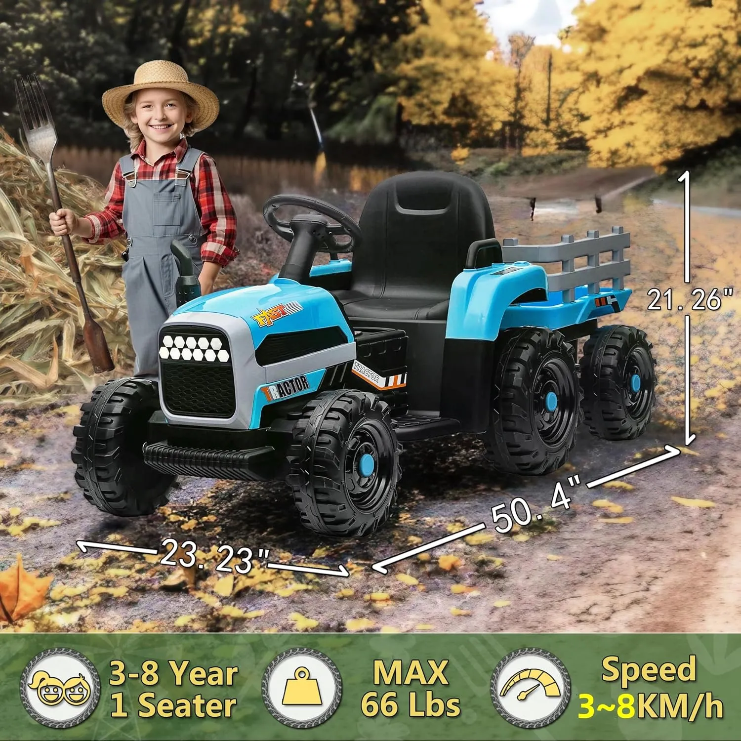 24V Ride on Tractor with Remote Control, 24V Ride on Toy for Big Kids 3 , Kids Electric Vehicles Power Car Wheels with 400W Motor, USB, LED Light, Bluetooth, 3 Speed Adjustable (Blue)