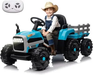 24V Ride on Tractor with Remote Control, 24V Ride on Toy for Big Kids 3 , Kids Electric Vehicles Power Car Wheels with 400W Motor, USB, LED Light, Bluetooth, 3 Speed Adjustable (Blue)