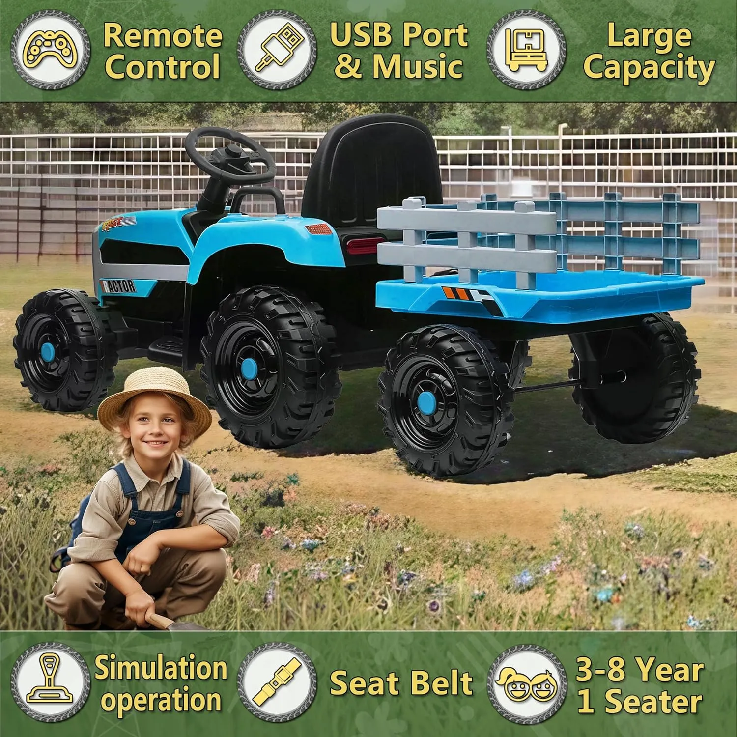 24V Ride on Tractor with Remote Control, 24V Ride on Toy for Big Kids 3 , Kids Electric Vehicles Power Car Wheels with 400W Motor, USB, LED Light, Bluetooth, 3 Speed Adjustable (Blue)