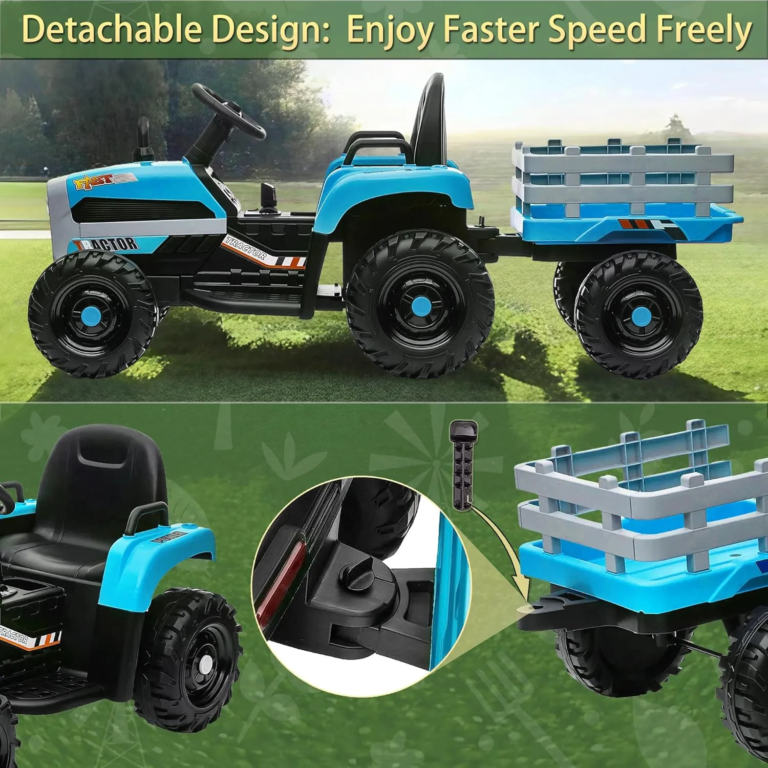 24V Ride on Tractor with Remote Control, 24V Ride on Toy for Big Kids 3 , Kids Electric Vehicles Power Car Wheels with 400W Motor, USB, LED Light, Bluetooth, 3 Speed Adjustable (Blue)