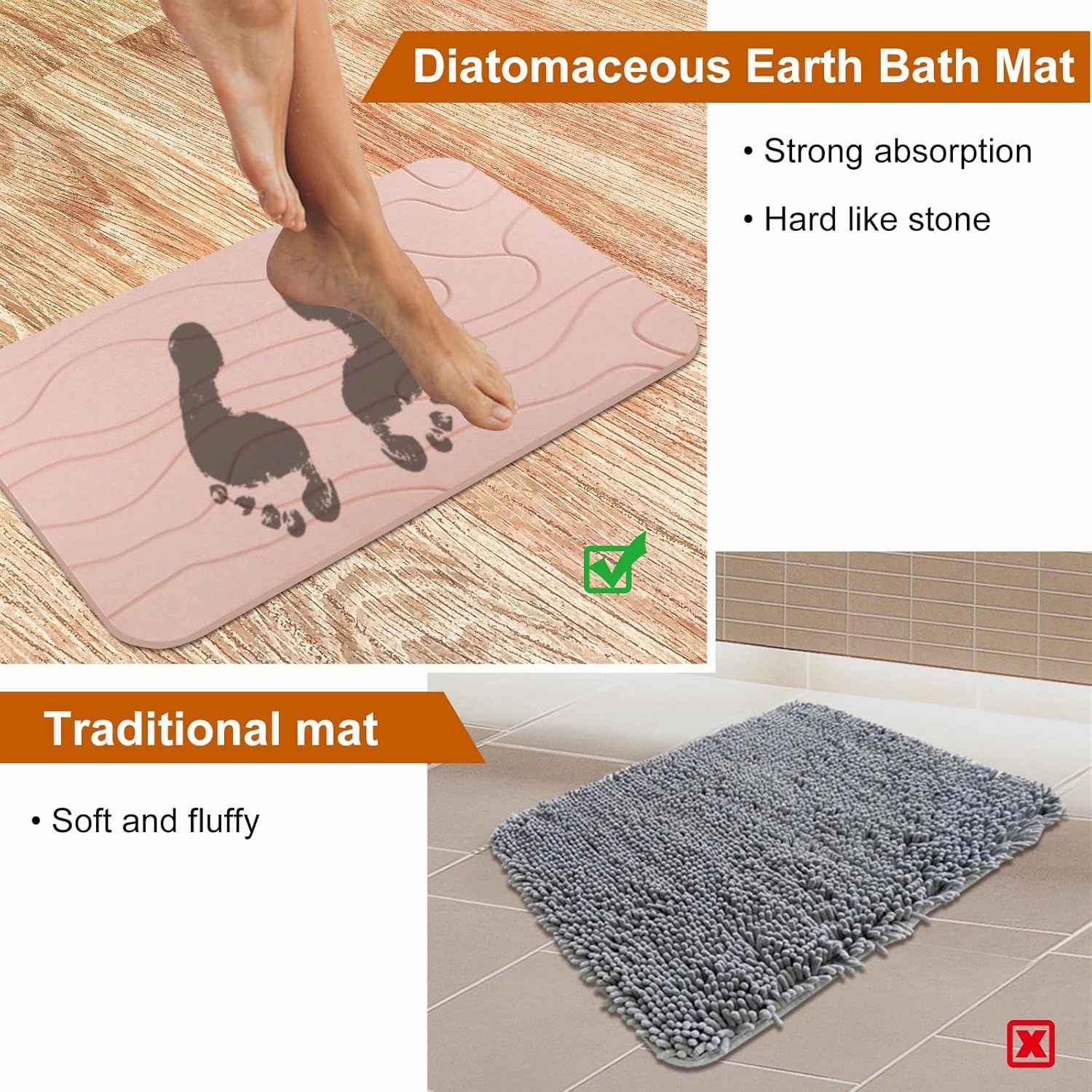 2 Pack Diatomaceous Earth Shower Mat, Stone Bath Mat, Nonslip Super Absorbent Fast-Drying Hard Bath Mat for Bathroom Shower Floor, 23.62 x 15.35 inch, Pink Pattern