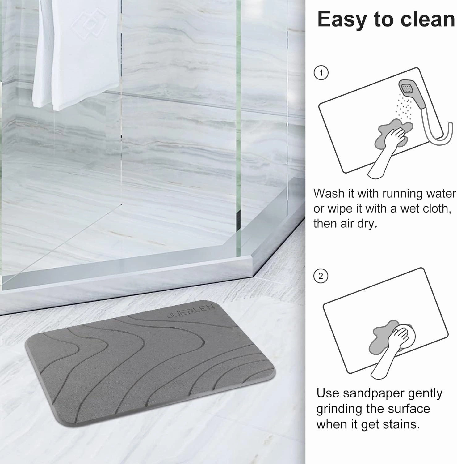 2 Pack Diatomaceous Earth Shower Mat, Stone Bath Mat, Nonslip Super Absorbent Fast-Drying Hard Bath Mat for Bathroom Shower Floor, 24 x 16 inch, Grey Wave Design