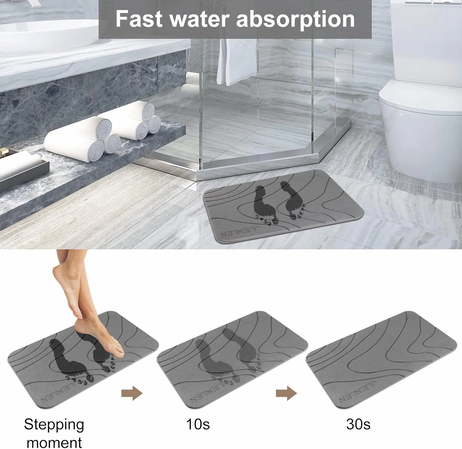 2 Pack Diatomaceous Earth Shower Mat, Stone Bath Mat, Nonslip Super Absorbent Fast-Drying Hard Bath Mat for Bathroom Shower Floor, 24 x 16 inch, Grey Wave Design