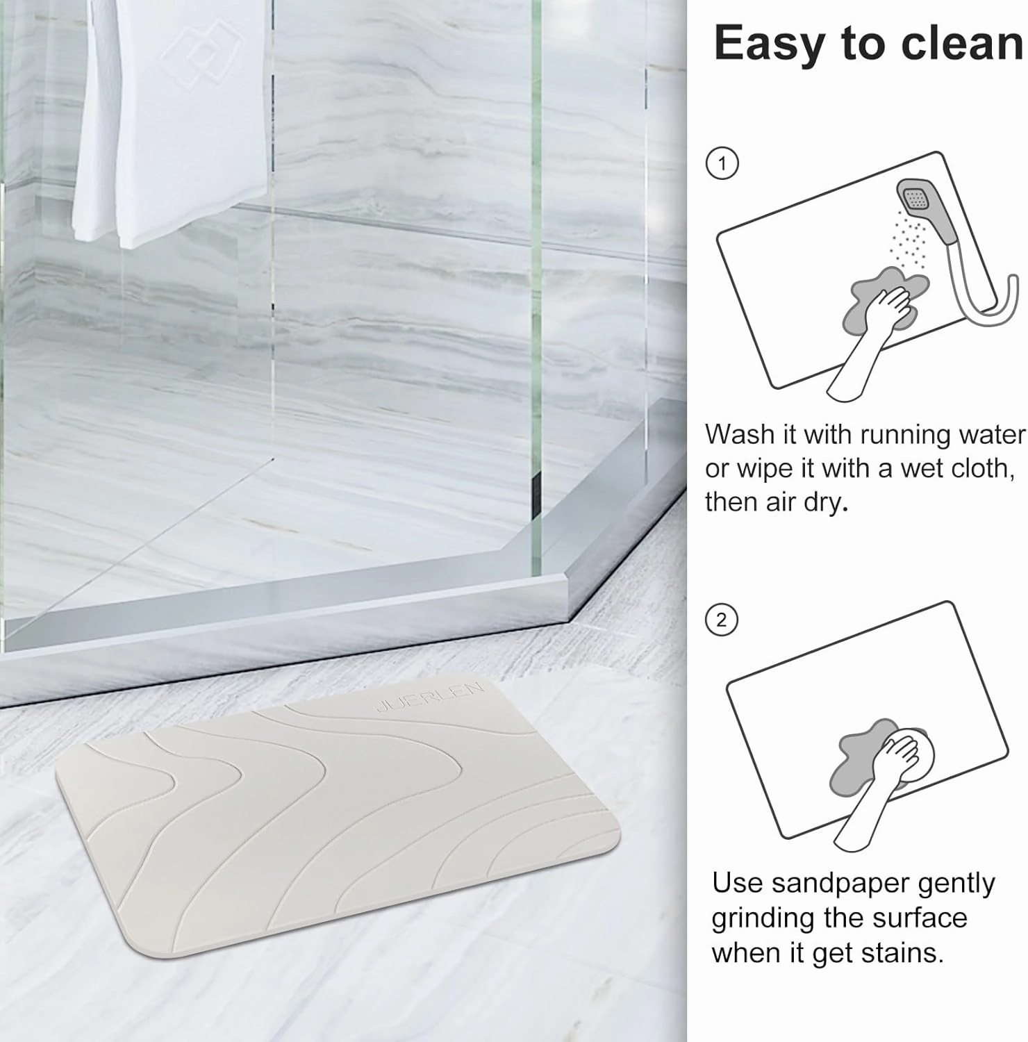 2 Pack Diatomaceous Earth Shower Mat, Stone Bath Mat, Nonslip Super Absorbent Fast-Drying Hard Bath Mat for Bathroom Shower Floor, 24 x 16 inch, Pallid Wave Design