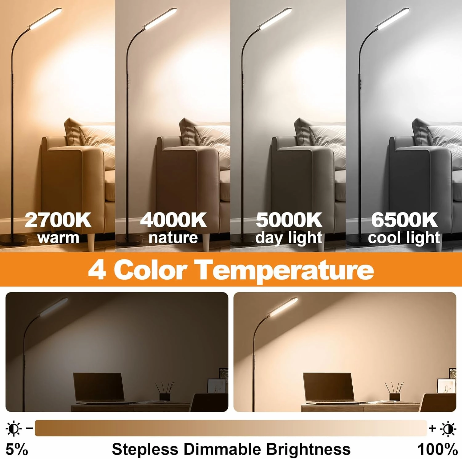 2 Pack LED Floor Lamp, 18W 1800LM Bright, 2 Remotes, Dimmable, Eye-Caring, Standing, Reading, Living Room, Bedroom, Office