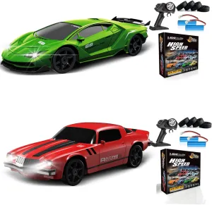 2PCS 1:24 RC Drift Car 2.4GHz 4WD 15KM/H High Speed Racing Sport Car with LED Lights Drifting Tires, 2 Rechargeable Batteries, Gift for Adults Boys Girls Kids