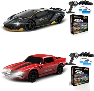 2PCS Remote Control Car RC Drift Car 2.4GHz 1:24 4WD 15KM/H High Speed Racing Sport Car with LED Lights Drifting Tire Racing Sport Toy for Adults Boys Girls Kids Gift 2Pcs Rechargeable Batteries