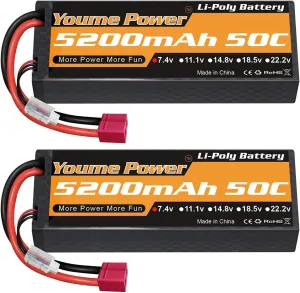 2S Lipo Battery 5200mAh,2 Packs 7.4V RC Lipo Battery 50C T Plug Hard Case for 1/8 1/10 RC Car Trucks Vehicles Buggy Truggy Helicopter Airplane Drone FPV