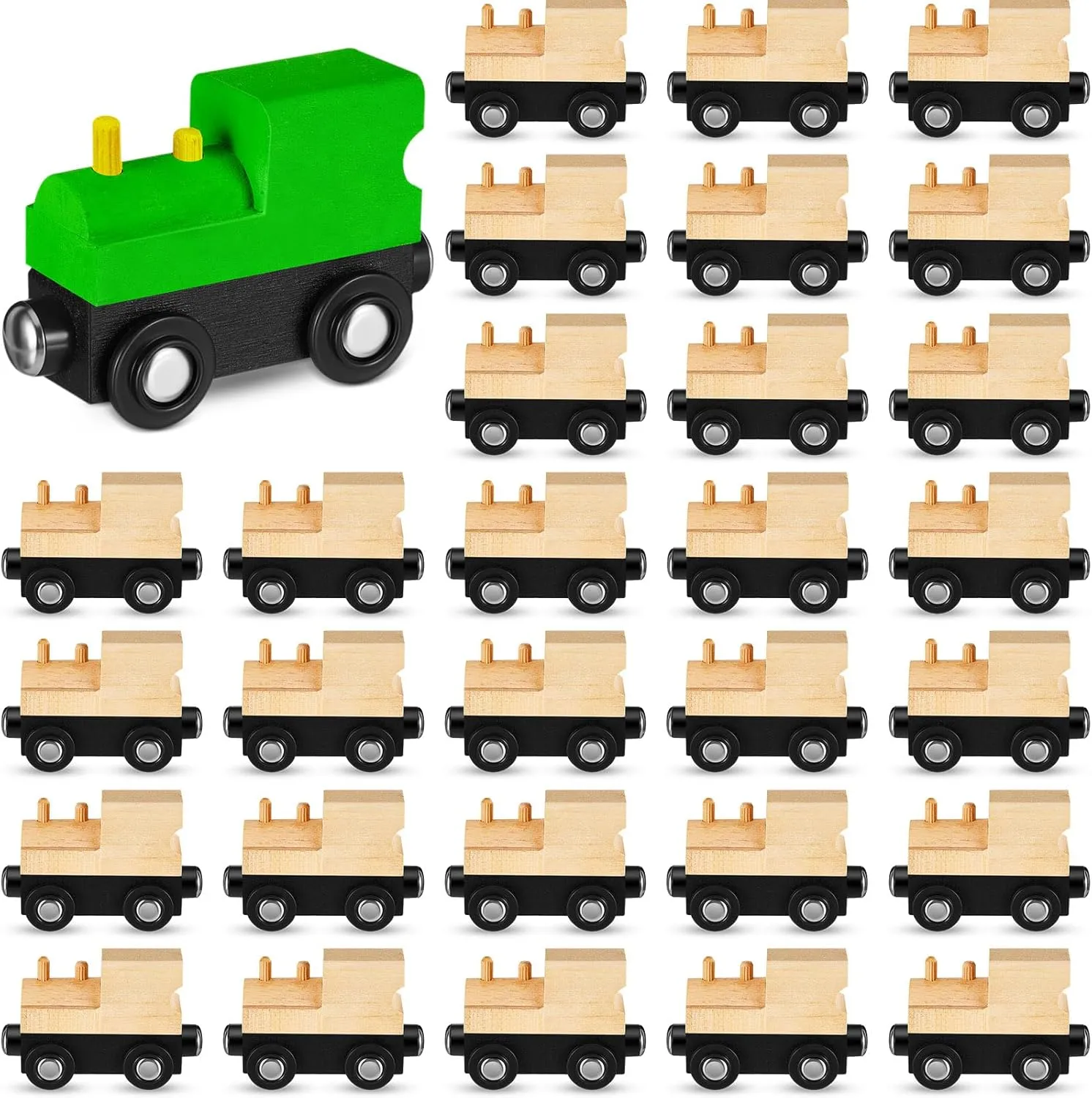 30 Pcs Unfinished DIY Wooden Trains Unpainted Train Cars Toys for Railway Paint Project, Birthday Party Theme Decorations Crafts Supplies(Classic)