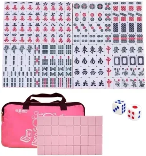 30mm 1.18" Pink Mahjong Table Game 144pcs Outdoor Travel Portable Mini Mahjong Dormitory Small Hand Rubbing Household Medium Play Game with Portable Travel Handbag with Table Cover