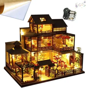 3D Wooden Assembled Dollhouse Kit DIY Miniature Japanese Style Courtyard Scene Building with Dust Cover and Music Creative Halloween