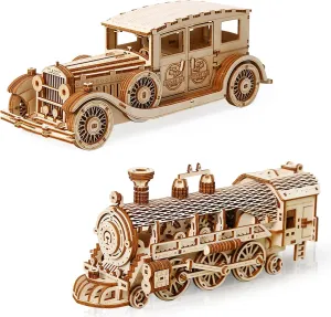 3D Wooden Puzzle for Adults, Classic Car and Steam Trains, DIY Craft Hobbies Toy, Birthday Festival Gift for Women Men