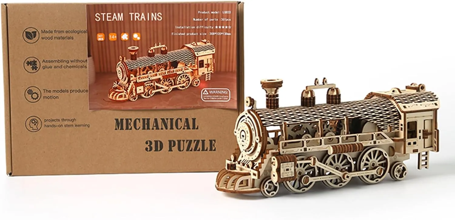 3D Wooden Puzzle for Adults, Mechanical Steam Trains Puzzle, DIY Vehicle Model Building Kit Handicraft Wood Craft Hobbies Toy, Birthday for Hobbyist 14  Family Women Men, 361 Pcs