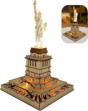 3D Wooden Puzzle for Adults - Statue of Liberty Wood Puzzle Modle Kits with USB LED Light, DIY Architecture Building Craft Toy Set Brain Teaser Gifts for Kids & Teens (147PCS)