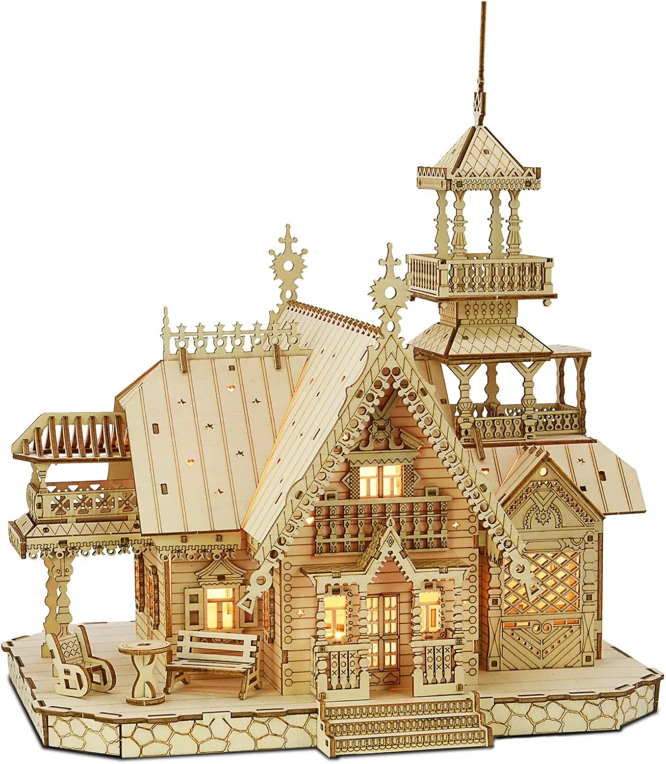 3D Wooden Puzzle for Adults, Victorian Villa DIY Model with LED Night Light, Miniature Diorama Kit, Decorative Craft for Adults and Kids, Valentine's Day Gift, Home Decoration (Villa)