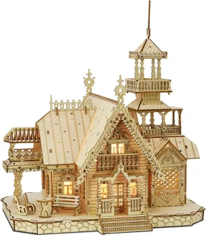 3D Wooden Puzzle for Adults, Victorian Villa DIY Model with LED Night Light, Miniature Diorama Kit, Decorative Craft for Adults and Kids, Valentine's Day Gift, Home Decoration (Villa)