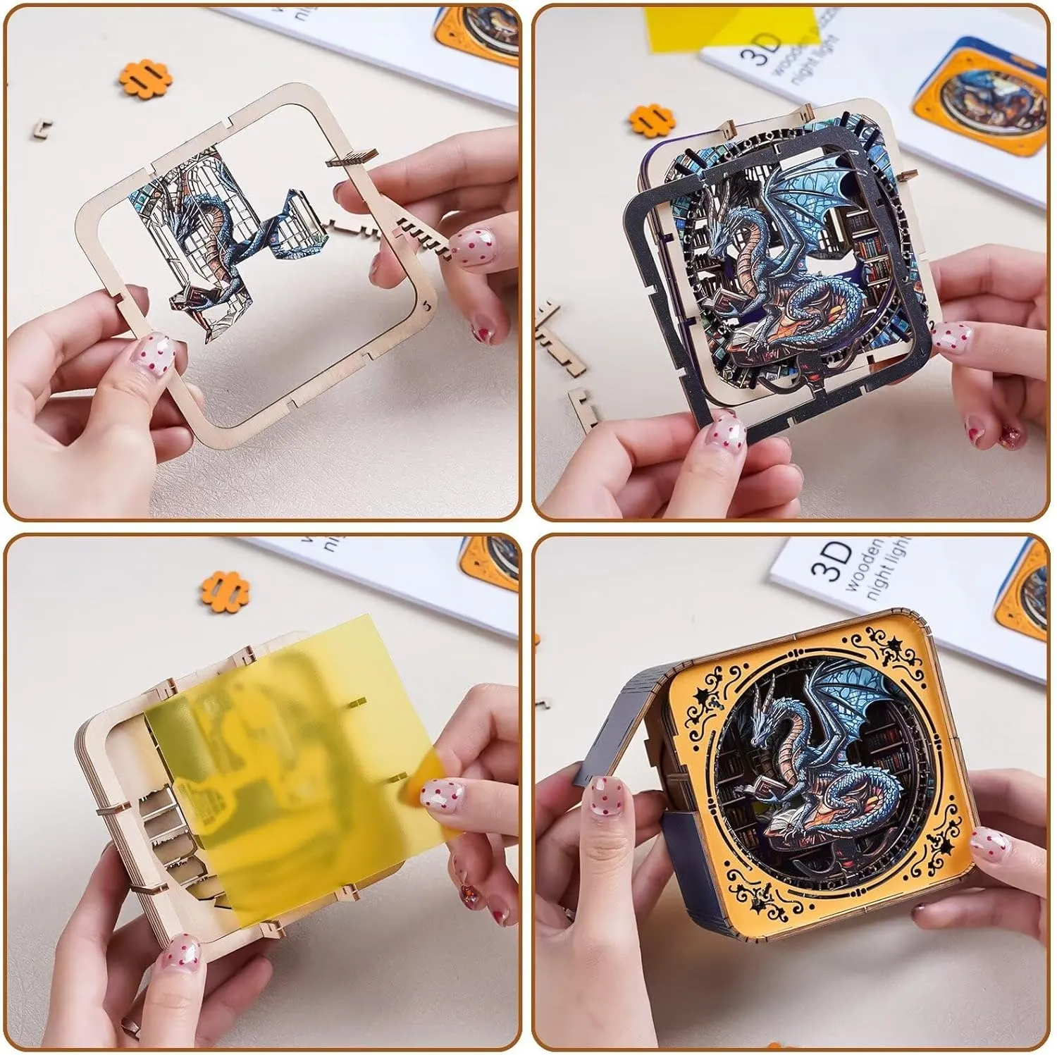 3D Wooden Puzzle Night Light for Adults Library's Dragon – Creative DIY Craft Gift for Women Men - Perfect for Home Decor Holiday Halloween Christmas Decorations