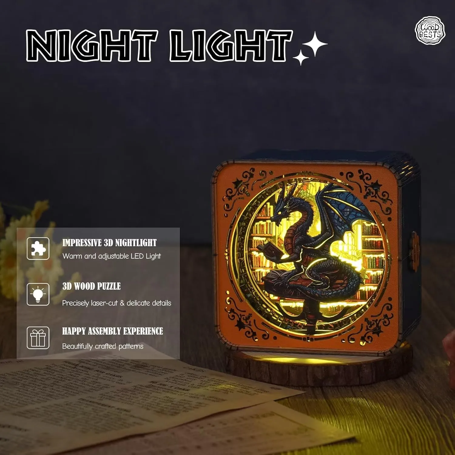 3D Wooden Puzzle Night Light for Adults Library's Dragon – Creative DIY Craft Gift for Women Men - Perfect for Home Decor Holiday Halloween Christmas Decorations
