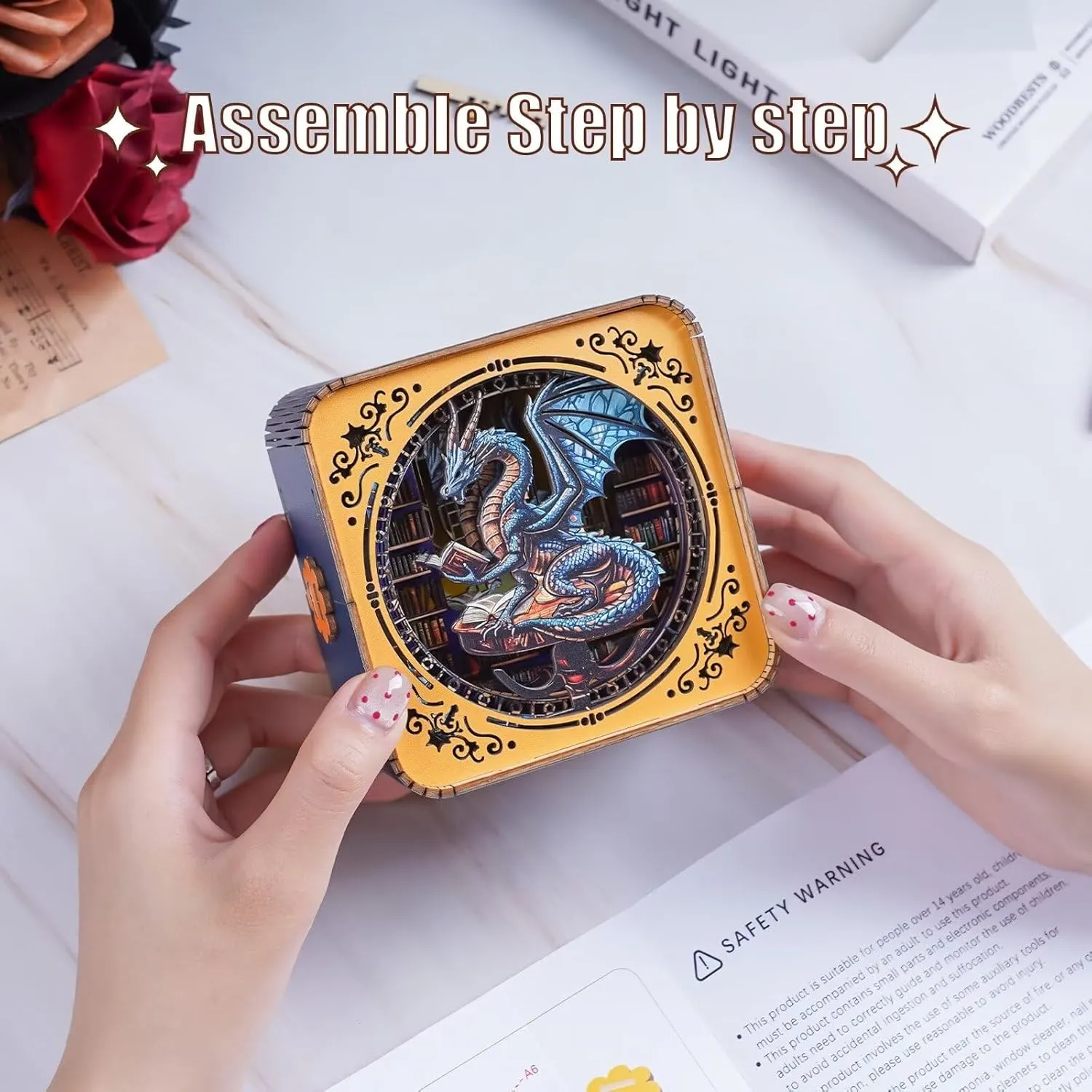3D Wooden Puzzle Night Light for Adults Library's Dragon – Creative DIY Craft Gift for Women Men - Perfect for Home Decor Holiday Halloween Christmas Decorations
