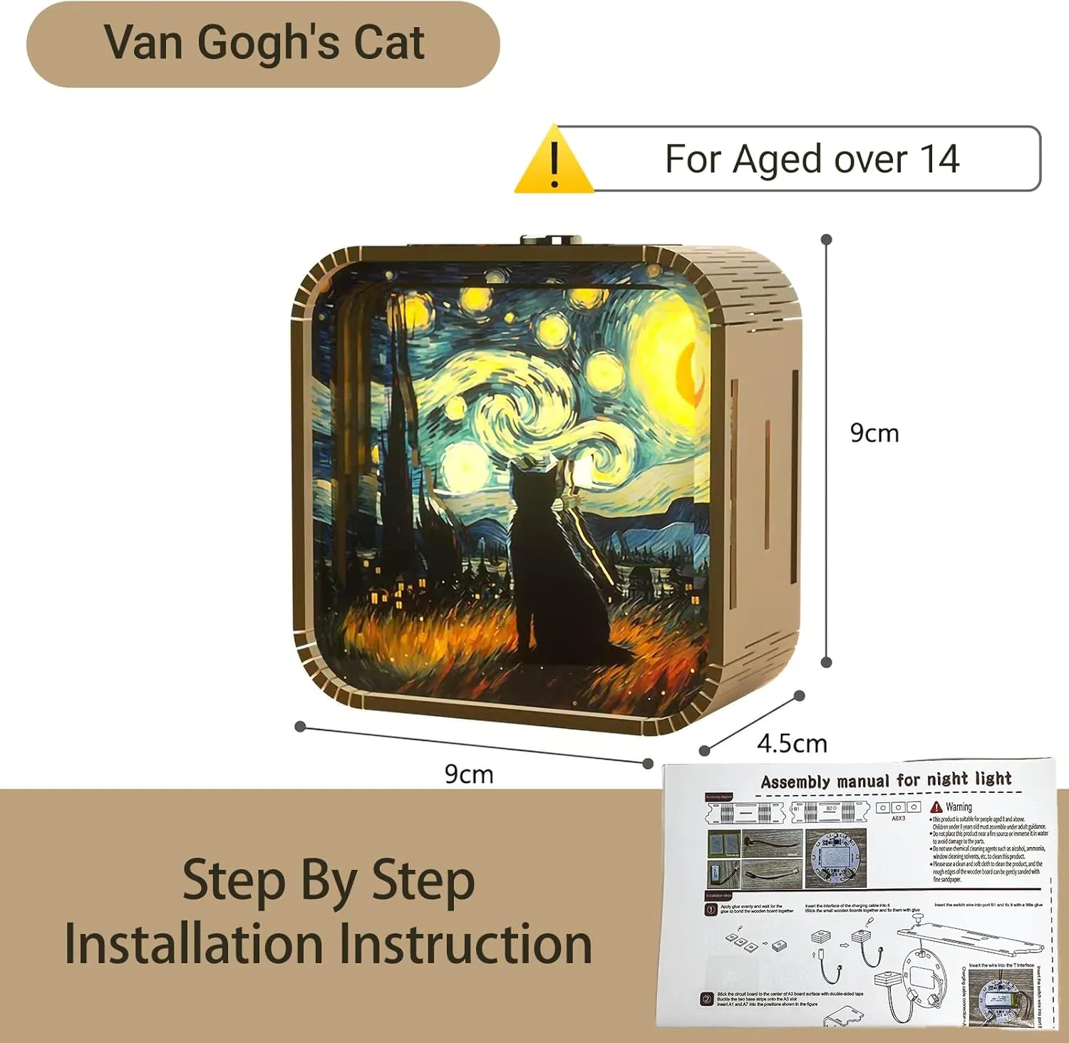 3D Wooden Puzzle Night Light,DIY 3D Puzzles for Adults with Touch Night Light, New Year Gifts, Birthday Gifts for Teen, Desk Decor for DIY Puzzle Lovers, Men and Women (Van Gogh's Cat)