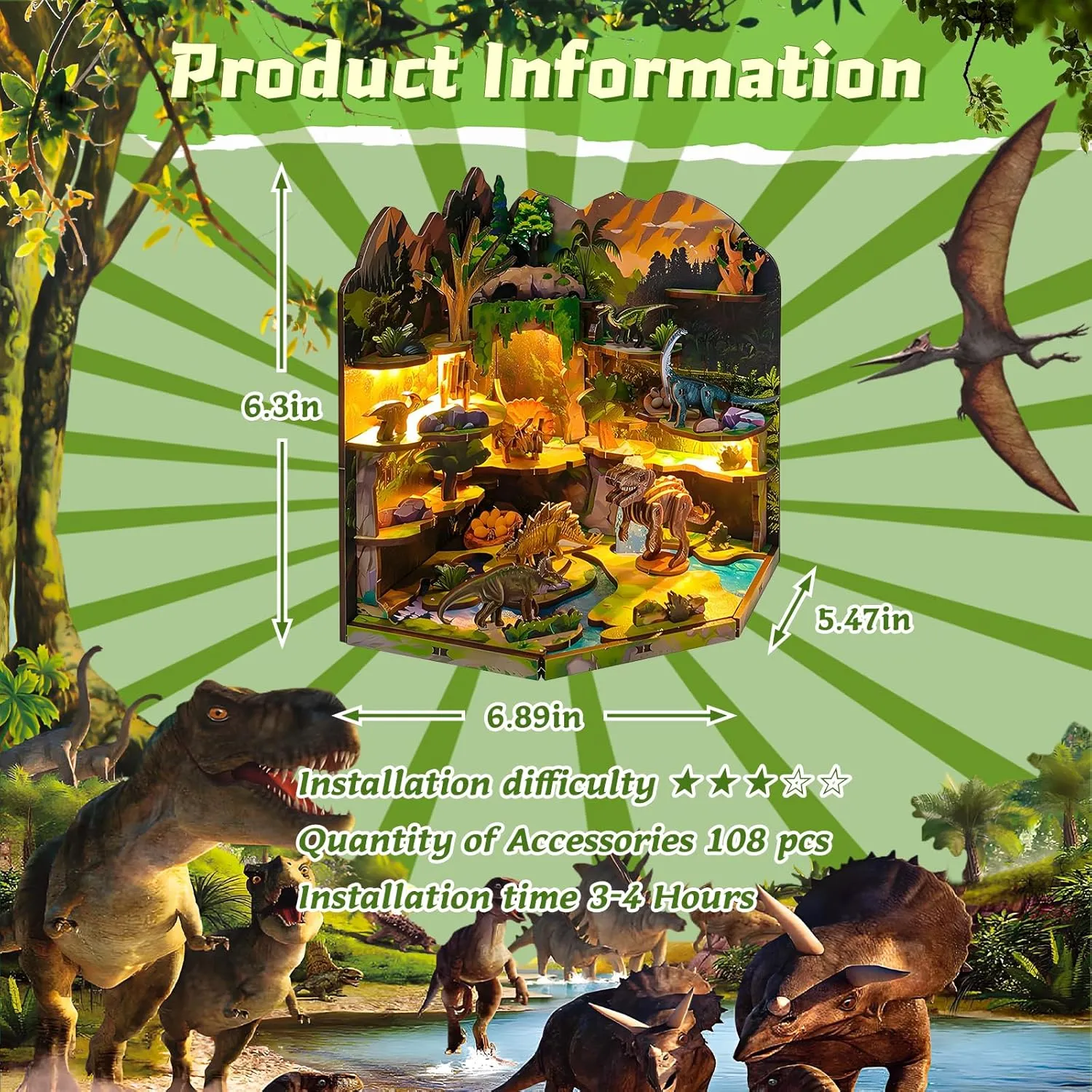 3D Wooden Puzzles for Adults, DIY Miniature Dollhouse, Book Nook Kit, Built-in LED Model Kit Hobby Gifts for Adults Teens Home Decor, Ideal Gift for Teenager Men (Jurassic)