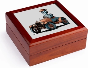 3dRose, Funny Cute Robot Driving Vintage Classic Car Abstract Satire, Jewelry Box 5.5x5.5 inch with 4 inch tile