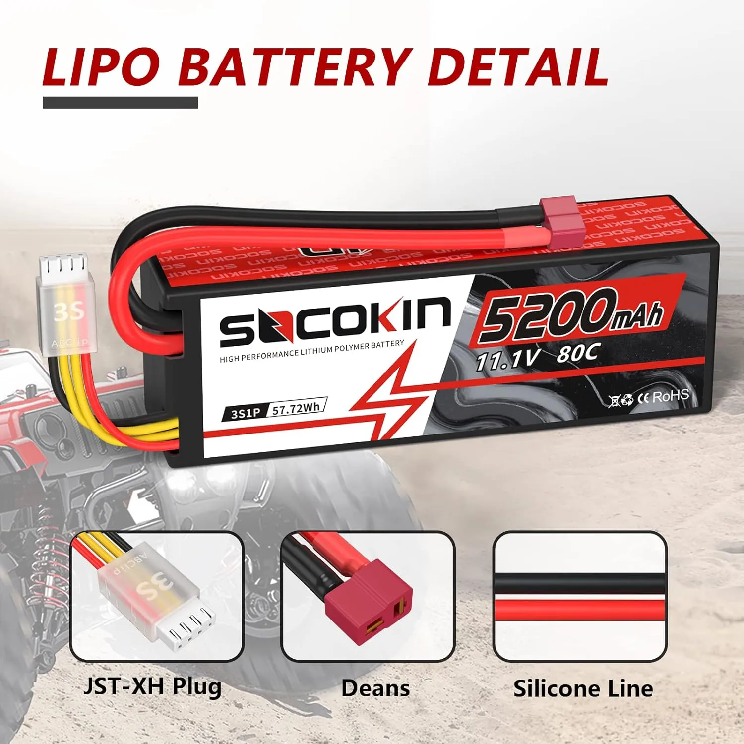 3S Lipo Battery 11.1V 80C 5200mAh with Hard Case,Deans T Plug for RC Model RC Racing Truck RC Racing Car RC Boat Drone Redcat Racing FPV (2 Pack)