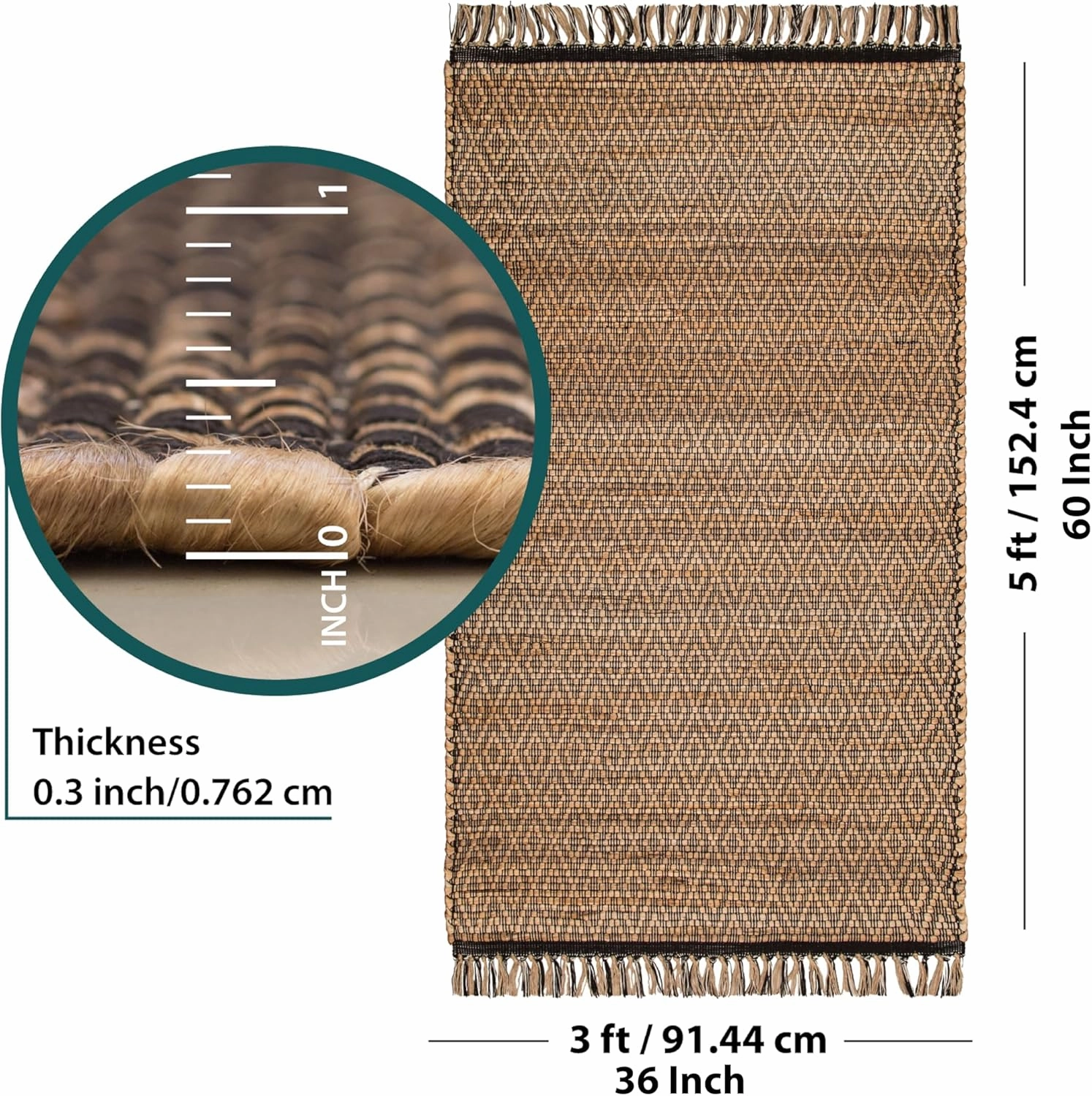 3x5 ft Jute Natural Area Rug, 100% Hand Woven Rug for Indoor Front Entrance Kitchen, bedrooms & Bathrooms, Low-Pile Floor Carpet, Premium Quality Home Decor