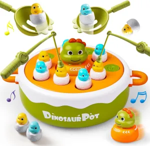4-in-1 Dinosaur Pop Up Board Games for Toddlers, Magnetic Fishing Game Tic Tac Toe Bowling Toys, Rotate Music Dino Bounce and Catch Game, Family Games for Kids 3-5 4-8 Boy Girl